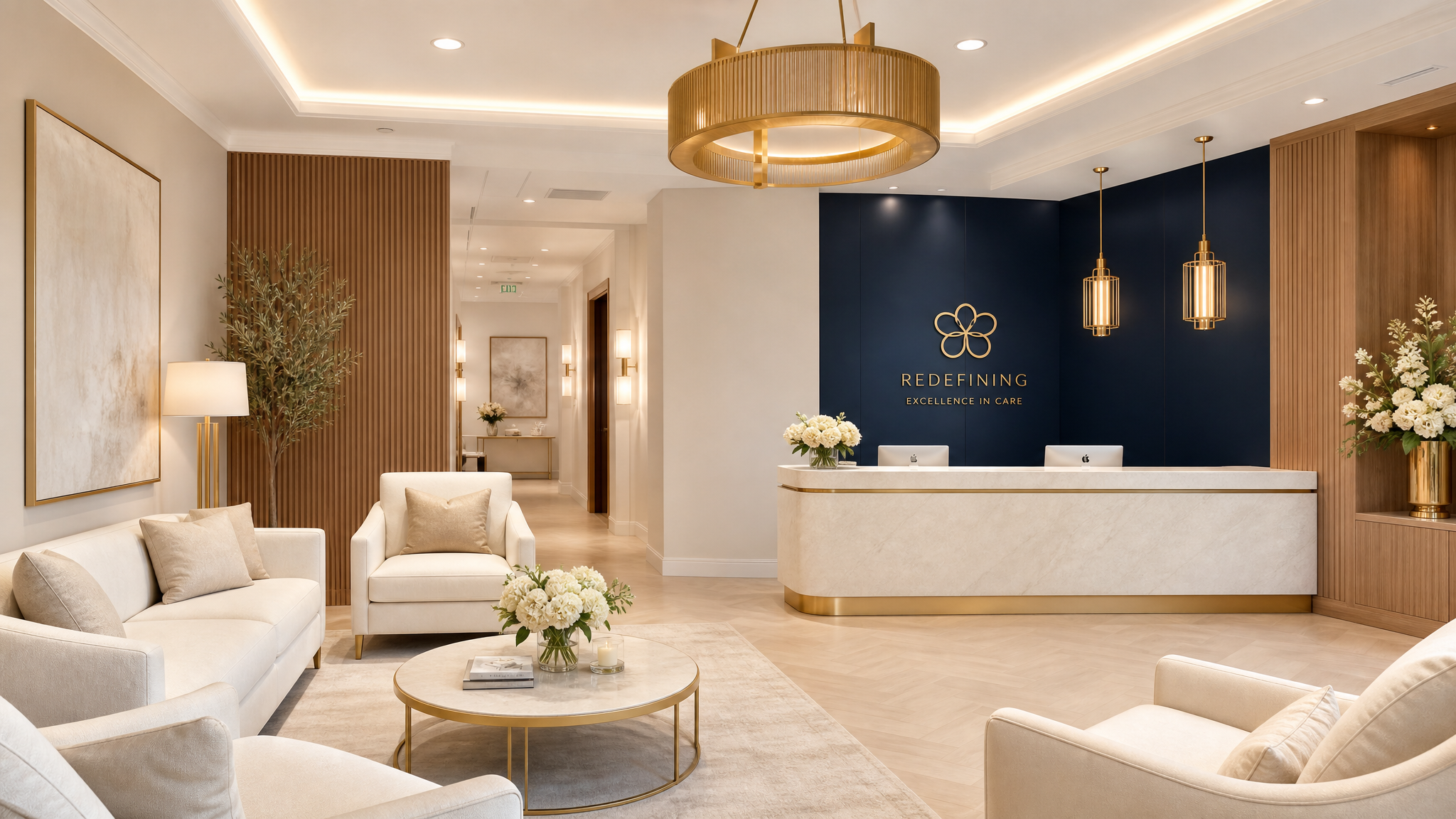 Luxurious medical office reception with warm ambient lighting
