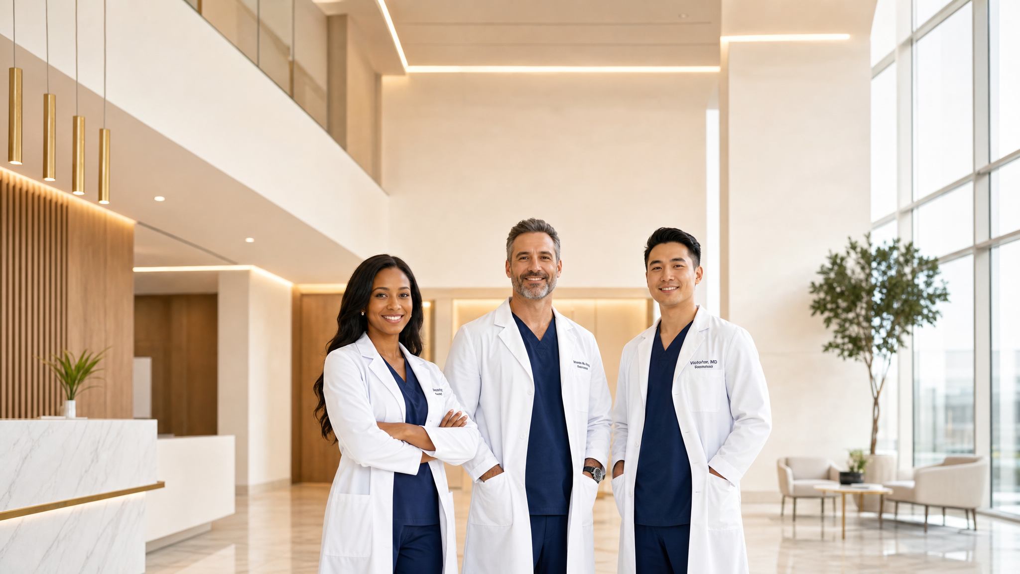 Diverse team of physicians in modern clinic setting