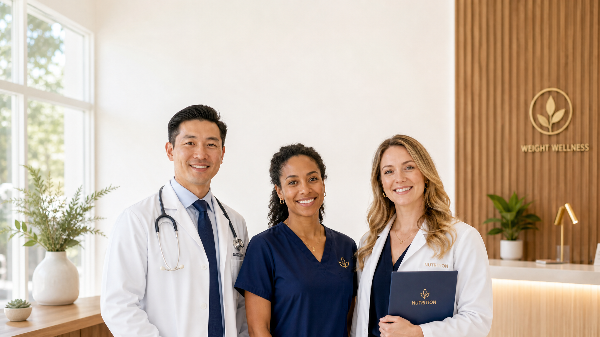 Diverse care team in modern clinical setting